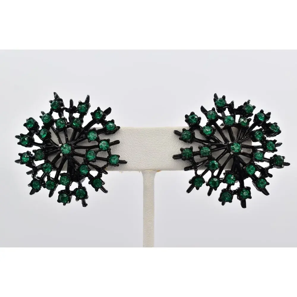 Vintage Crystal Clip On Earrings Starburst Green Rhinestone Black Metal BinBK